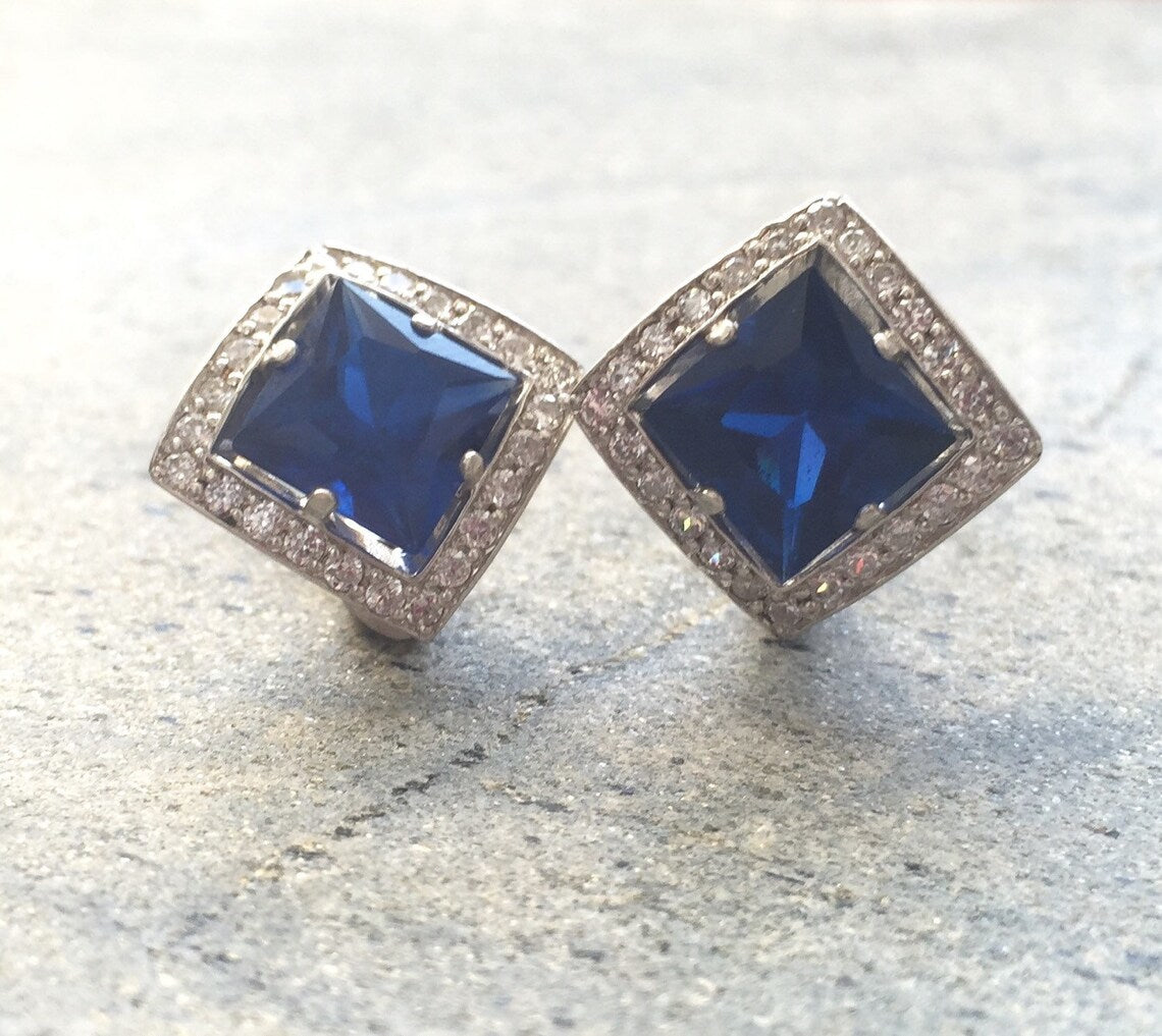 Created Sapphire Earrings made in 925 Sterling Silver with Square Created Blue Sapphire in Halo setting, September Birthstone gift idea, symbolizes sincerity, truth, and faithfulness, ideal for everyday wear and perfect for birthday gifting and special occasions.