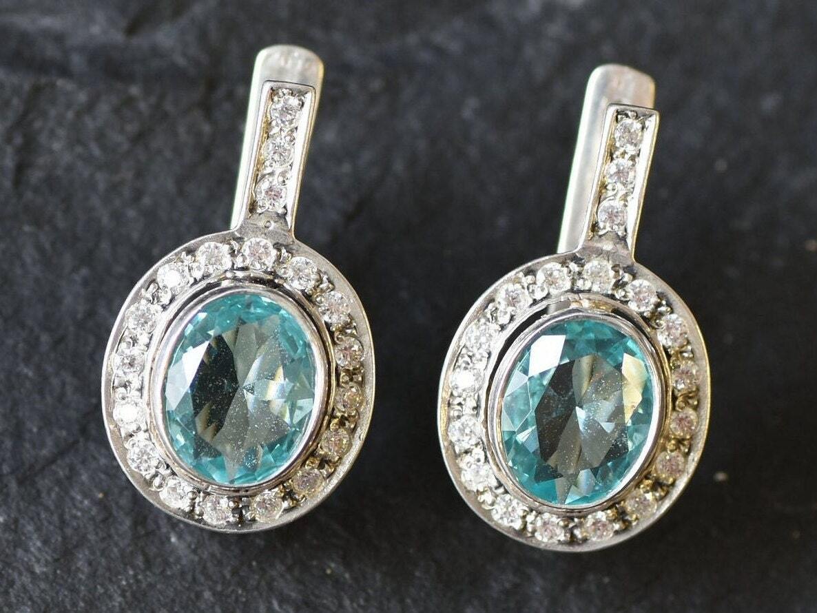 Aquamarine Earrings, Created Aquamarine, Victorian Earrings, Vintage Earrings, Blue Diamond Earrings, Blue Aqua Earrings, Silver Earrings