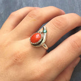 Red Coral Ring - Emerald Silver Ring - Two Stone Ring