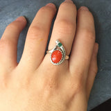 Red Coral Ring - Emerald Silver Ring - Two Stone Ring