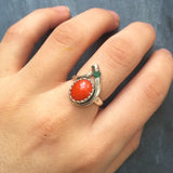 Red Coral Ring - Emerald Silver Ring - Two Stone Ring