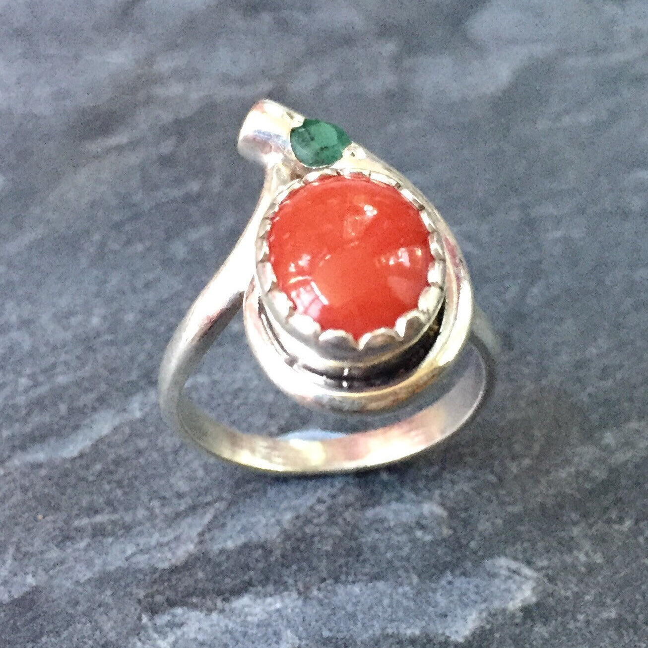 Red Coral Ring, Natural Coral, Natural Emerald, Antique Ring, May Birthstone, Teardrop Ring, Vintage Ring, Red Ring, Sterling Silver Ring