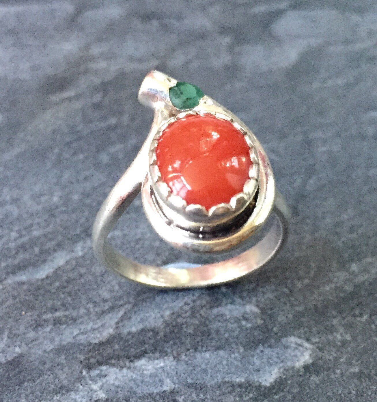 Red Coral Ring, Natural Coral, Natural Emerald, Antique Ring, May Birthstone, Teardrop Ring, Vintage Ring, Red Ring, Sterling Silver Ring