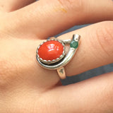 Red Coral Ring - Emerald Silver Ring - Two Stone Ring