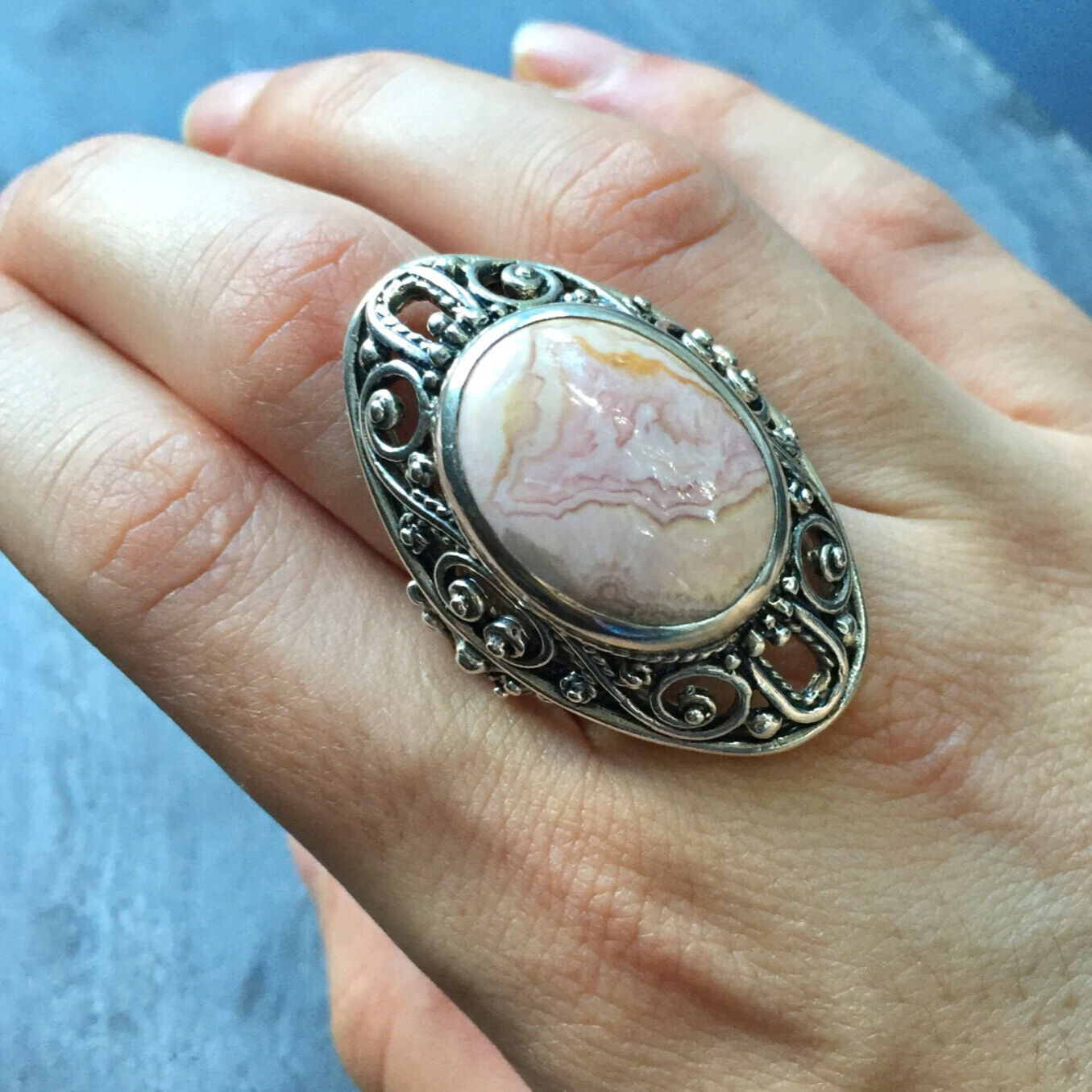 Rhodochrosite Ring, Natural Stone, Vintage Ring, Statement Ring, Large Stone Ring, Natural Stone Ring, Solid Silver Ring, Pure Silver