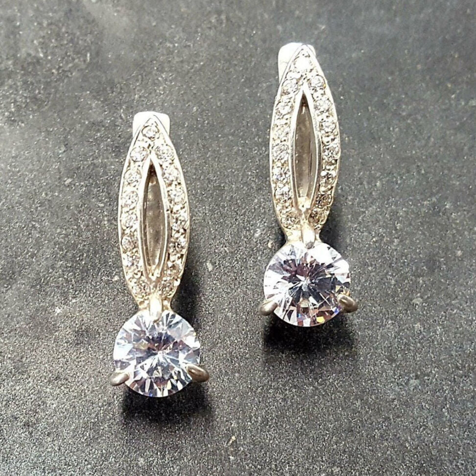 Vintage Diamond Earrings, Created Diamond, Sparkly Earrings, Royal Earrings, Dainty Formal Earrings, Princess Earrings, 925 Silver Earrings