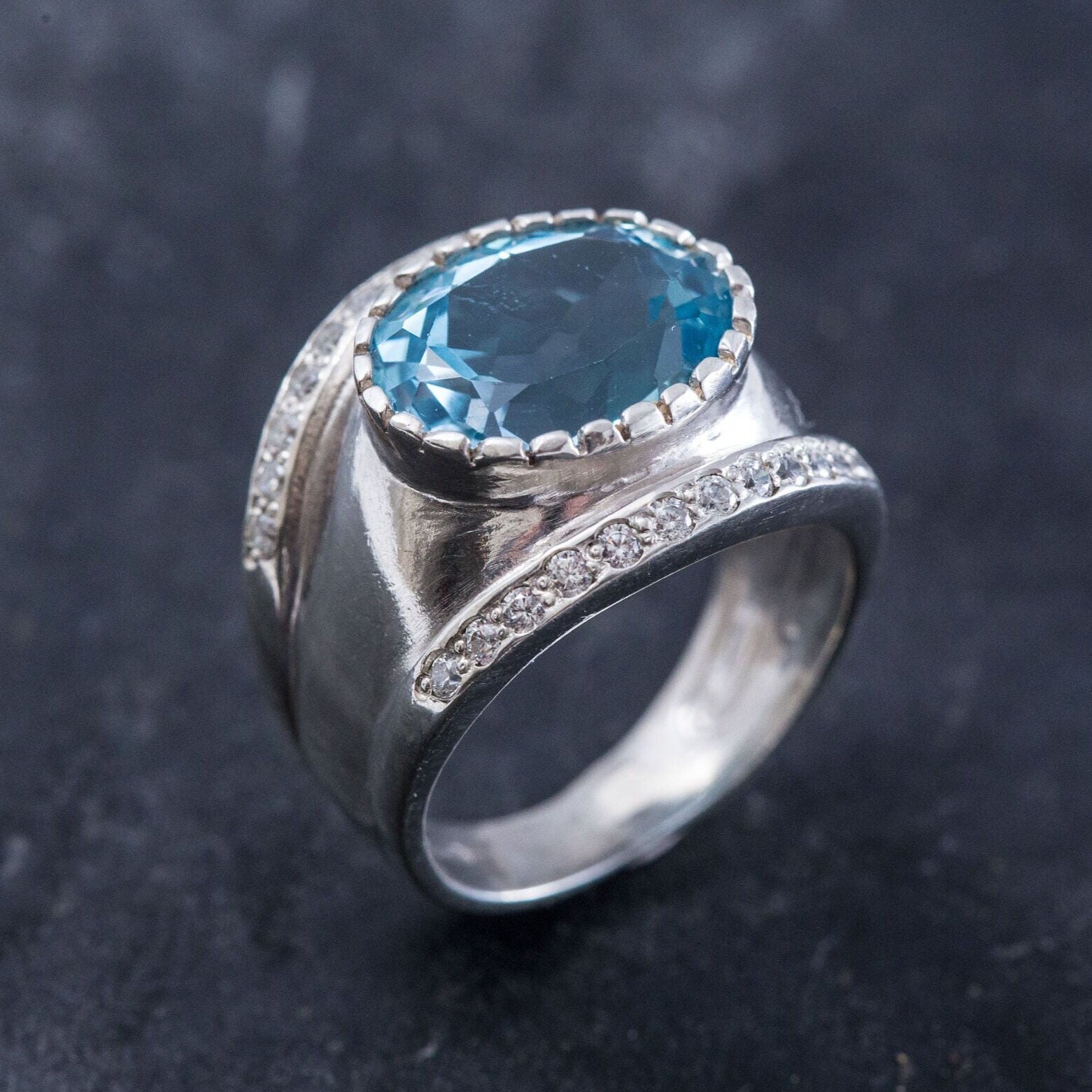 Blue Topaz Ring, Natural Blue Topaz, Vintage Rings, December Birthstone, CZ Diamonds, December Ring, Blue Ring, Solid Silver Ring, Topaz