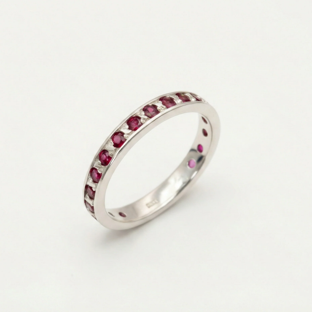 Created Ruby Ring made in 925 Sterling Silver with Round Created Red Ruby in Channel-Set setting, July Birthstone gift idea, symbolizes nobility, purity, and passion, ideal for everyday wear and perfect for birthday gifting and special occasions.