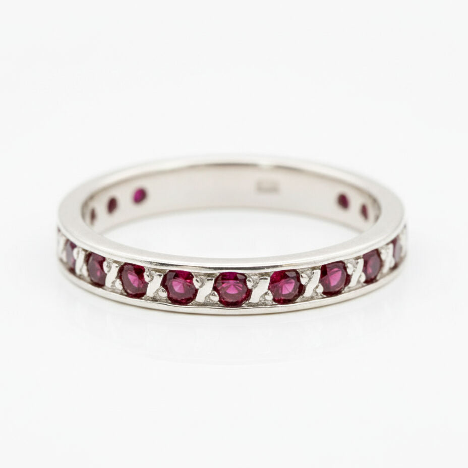 Elegant 925 Sterling Silver ruby ring with round Created Red Ruby in channel-set, July birthstone for special occasions.