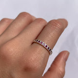 Elegant 925 Sterling Silver ruby ring with round Created Red Ruby in channel-set, July birthstone for special occasions.