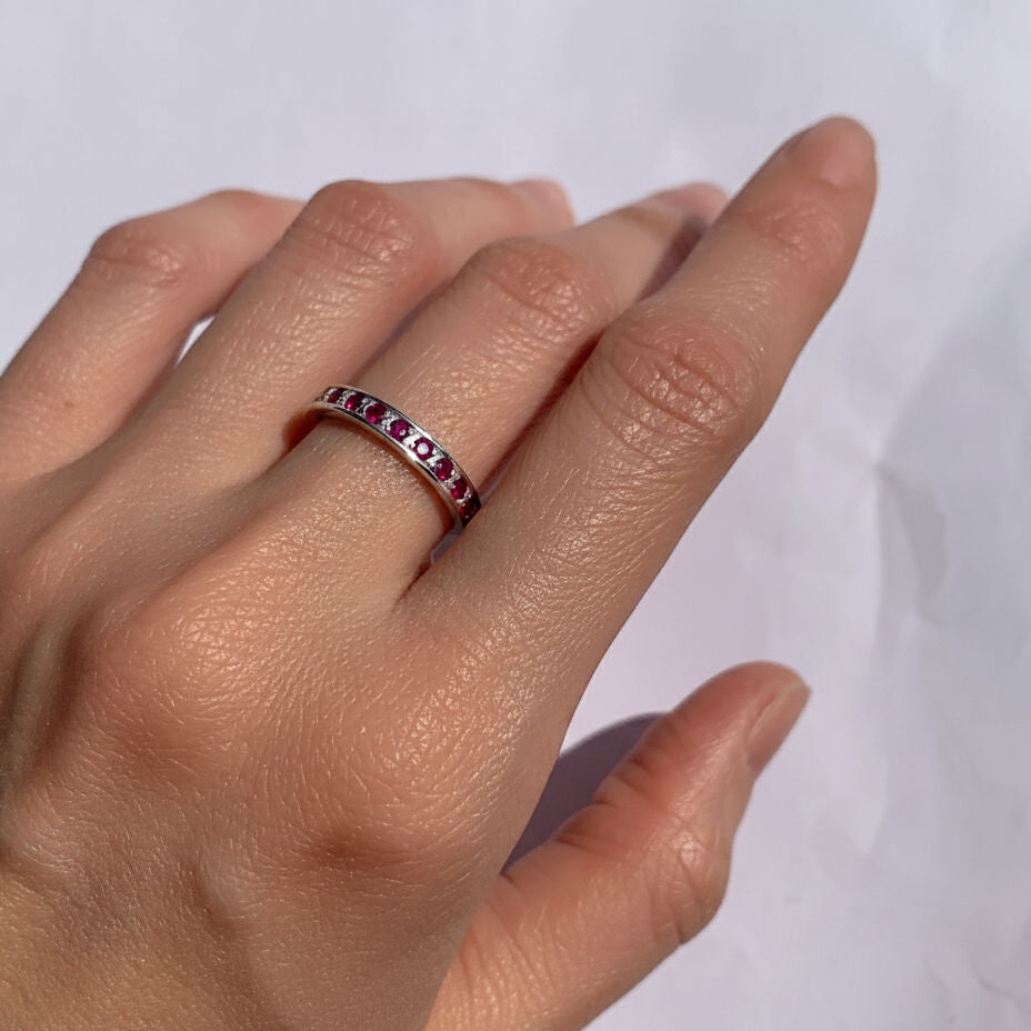 Created Ruby Ring made in 925 Sterling Silver with Round Created Red Ruby in Channel-Set setting, July Birthstone gift idea, symbolizes nobility, purity, and passion, ideal for everyday wear and perfect for birthday gifting and special occasions.
