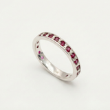 Chic 925 Sterling Silver ring featuring a round Created Red Ruby in channel-set, perfect for everyday elegance and July birthdays.
