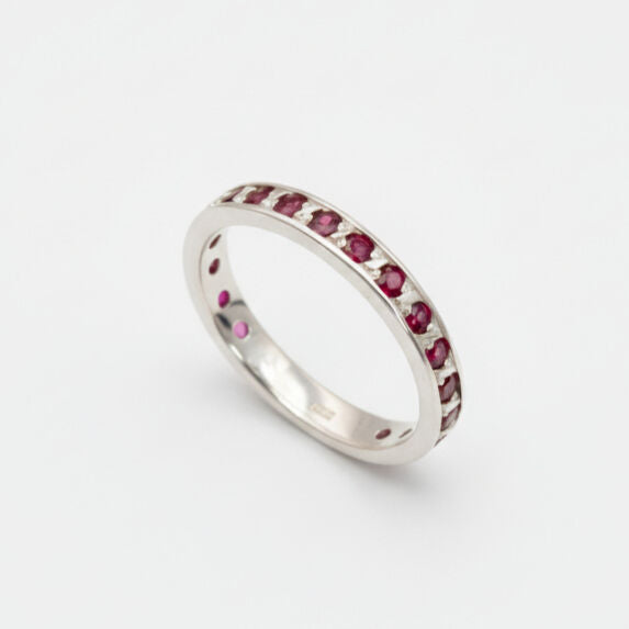 Created Ruby Ring made in 925 Sterling Silver with Round Created Red Ruby in Channel-Set setting, July Birthstone gift idea, symbolizes nobility, purity, and passion, ideal for everyday wear and perfect for birthday gifting and special occasions.