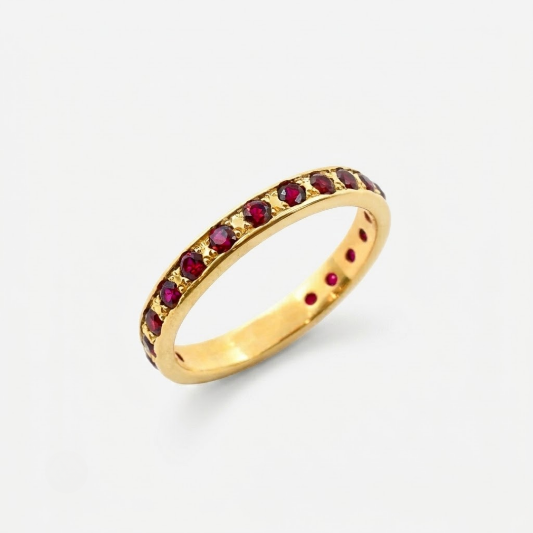 Created Ruby Ring made in 18k Gold Vermeil with Round Created Red Ruby in Channel-Set setting, July Birthstone gift idea, symbolizes nobility, purity, and passion, ideal for everyday wear and perfect for birthday gifting and special occasions.