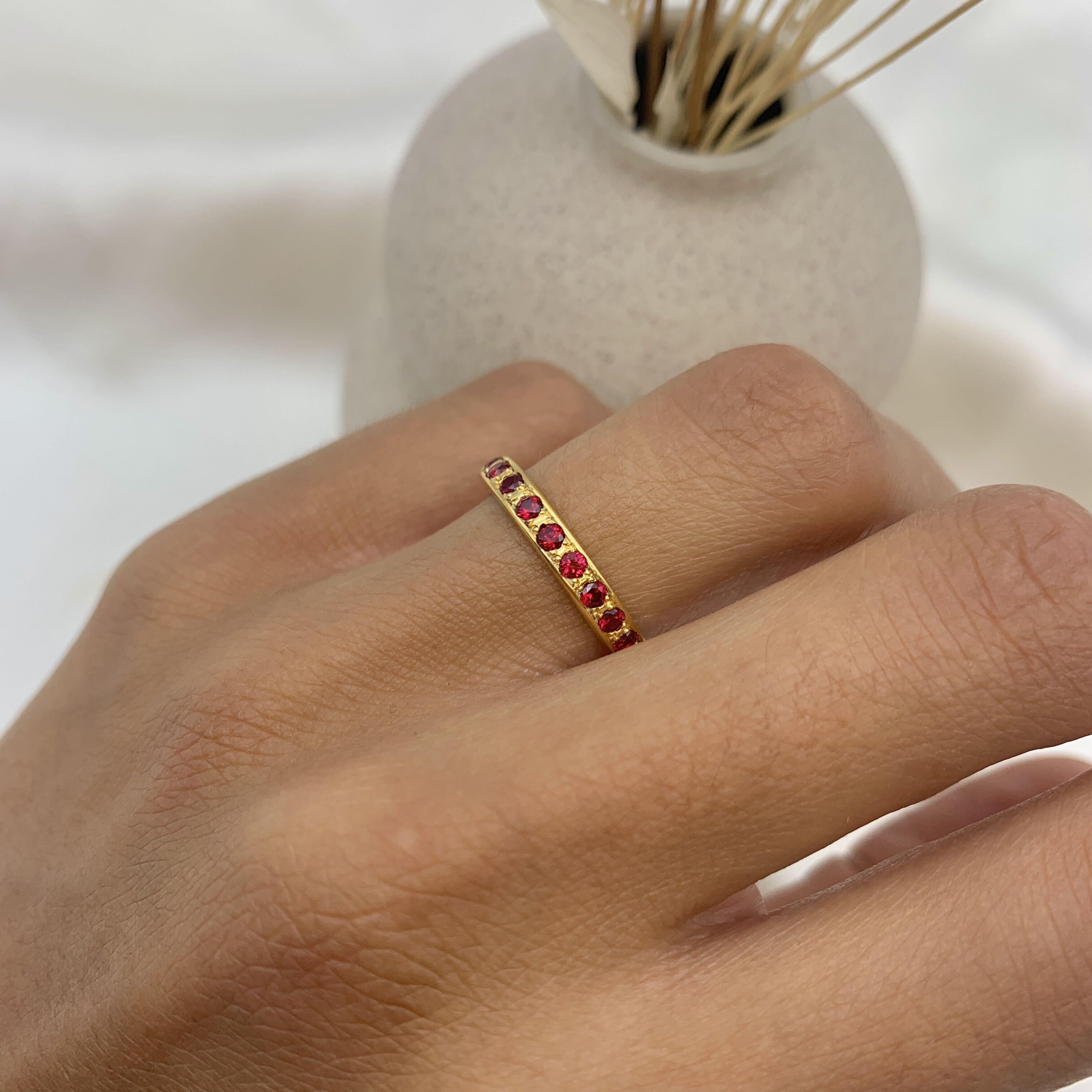 18k Gold Vermeil Ruby Ring featuring a round created red ruby, ideal for birthdays and special occasions, symbolizes passion.