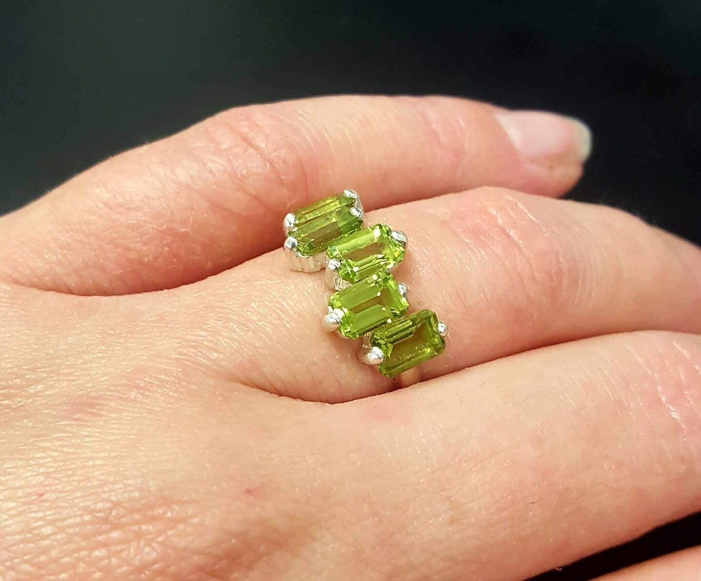 Peridot Ring, Natural Peridot, Emerald Cut Band, August Birthstone, Asymmetric Ring, Statement Ring, Vintage Green Ring, Solid Silver Ring