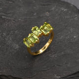 Peridot Baguette Gold Ring - Asymmetric Band, Natural Peridot Ring, Emerald Cut Ring