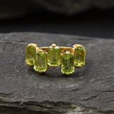 Peridot Baguette Gold Ring - Asymmetric Band, Natural Peridot Ring, Emerald Cut Ring