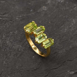 Peridot Baguette Gold Ring - Asymmetric Band, Natural Peridot Ring, Emerald Cut Ring