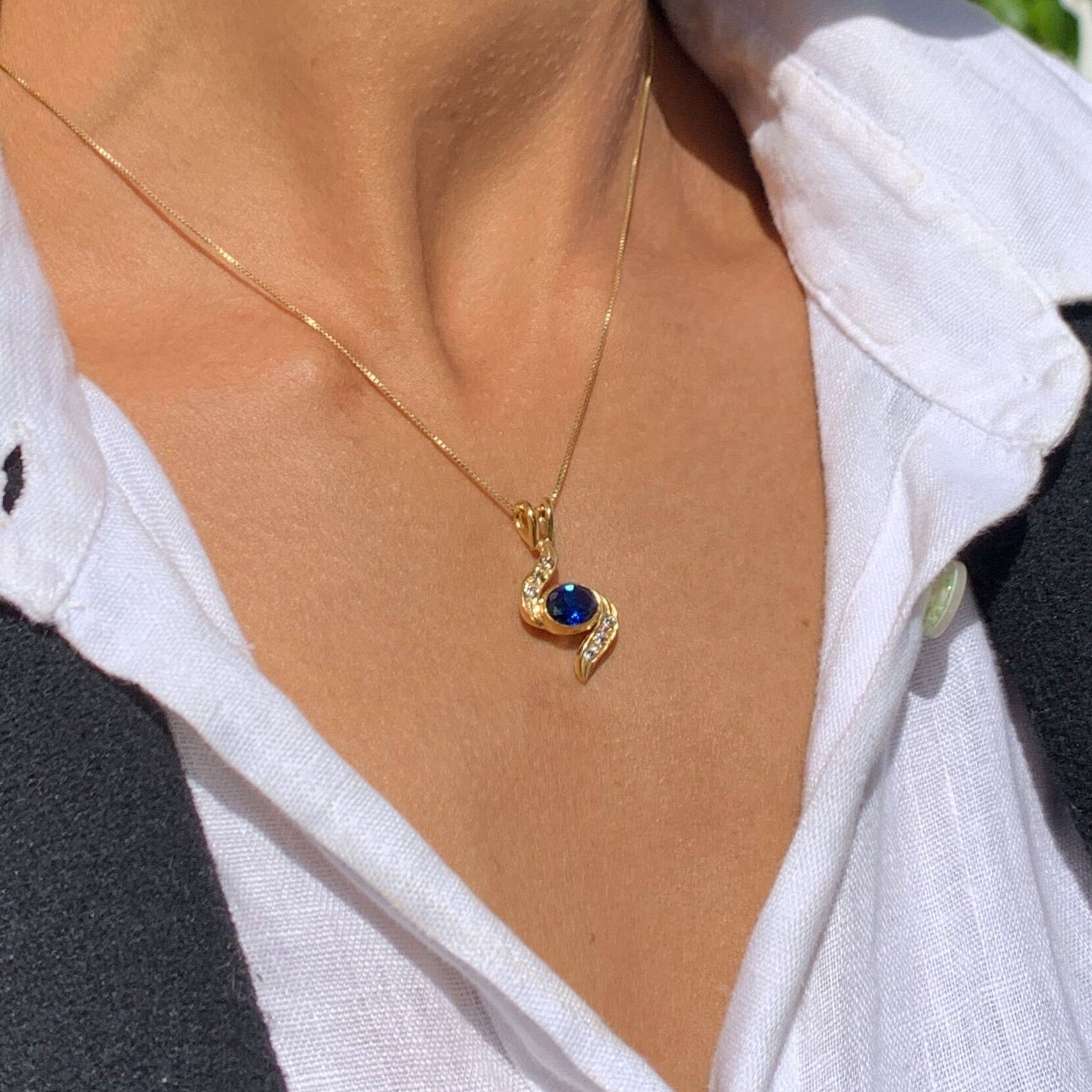 Elegant 18k Gold Vermeil Sapphire Pendant with Baguette Blue Sapphire, ideal September birthday gift and symbol of sincerity.