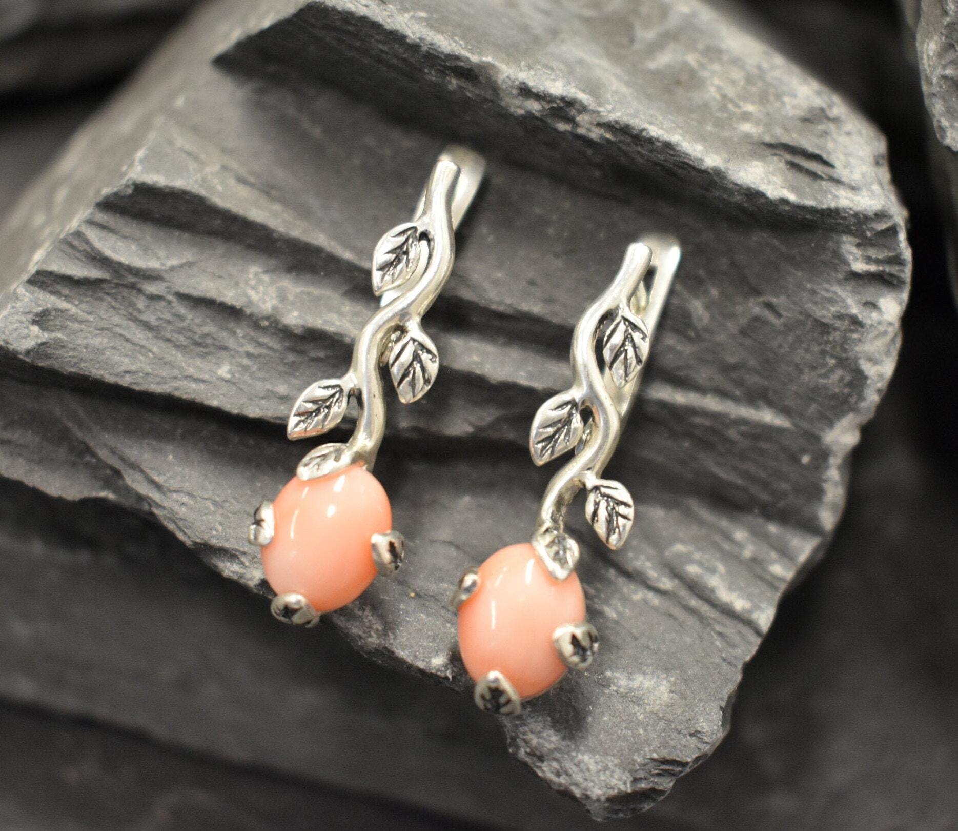Coral Earrings, Natural Pink Coral, March Birthstone, Silver Leaf Earrings, Vintage Earrings, Angel Skin Earrings, Solid Silver Earrings