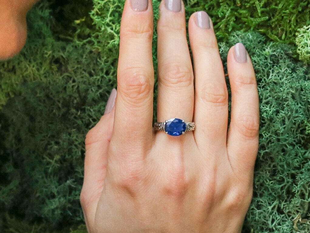 Tribal Sapphire Ring, Created Sapphire, Bohemian Ring, Vintage Ring, Horizontal Ring, Blue Boho Ring, Blue Sapphire Ring, Solid Silver Ring