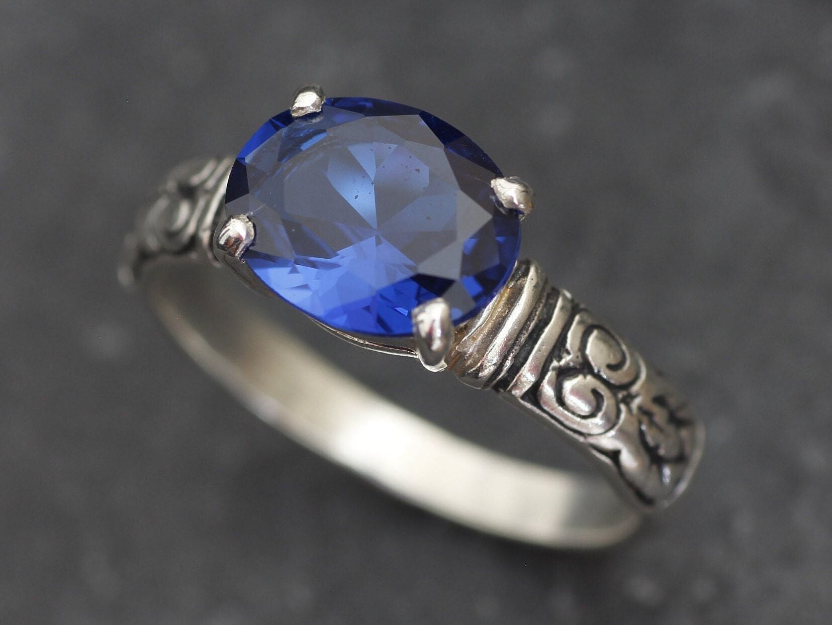 Tribal Sapphire Ring, Created Sapphire, Bohemian Ring, Vintage Ring, Horizontal Ring, Blue Boho Ring, Blue Sapphire Ring, Solid Silver Ring