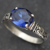 Gold Sapphire Ring - Blue Tribal Ring - Vintage Horizontal Ring