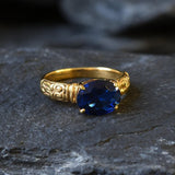 Gold Sapphire Ring - Blue Tribal Ring - Vintage Horizontal Ring