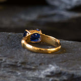 Gold Sapphire Ring - Blue Tribal Ring - Vintage Horizontal Ring