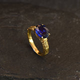 Gold Sapphire Ring - Blue Tribal Ring - Vintage Horizontal Ring