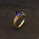 Gold Sapphire Ring - Blue Tribal Ring - Vintage Horizontal Ring