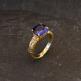 Gold Sapphire Ring - Blue Tribal Ring - Vintage Horizontal Ring