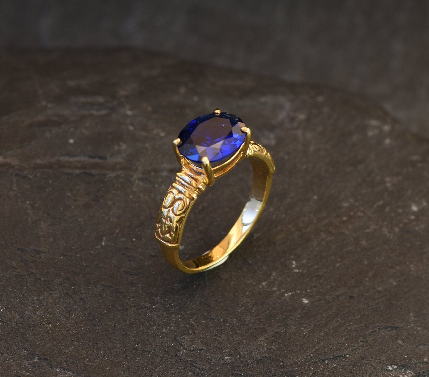 18k Gold Vermeil Sapphire Ring featuring Round Created Blue Sapphire, ideal for birthdays and special occasions.