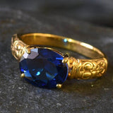 Gold Sapphire Ring - Blue Tribal Ring - Vintage Horizontal Ring