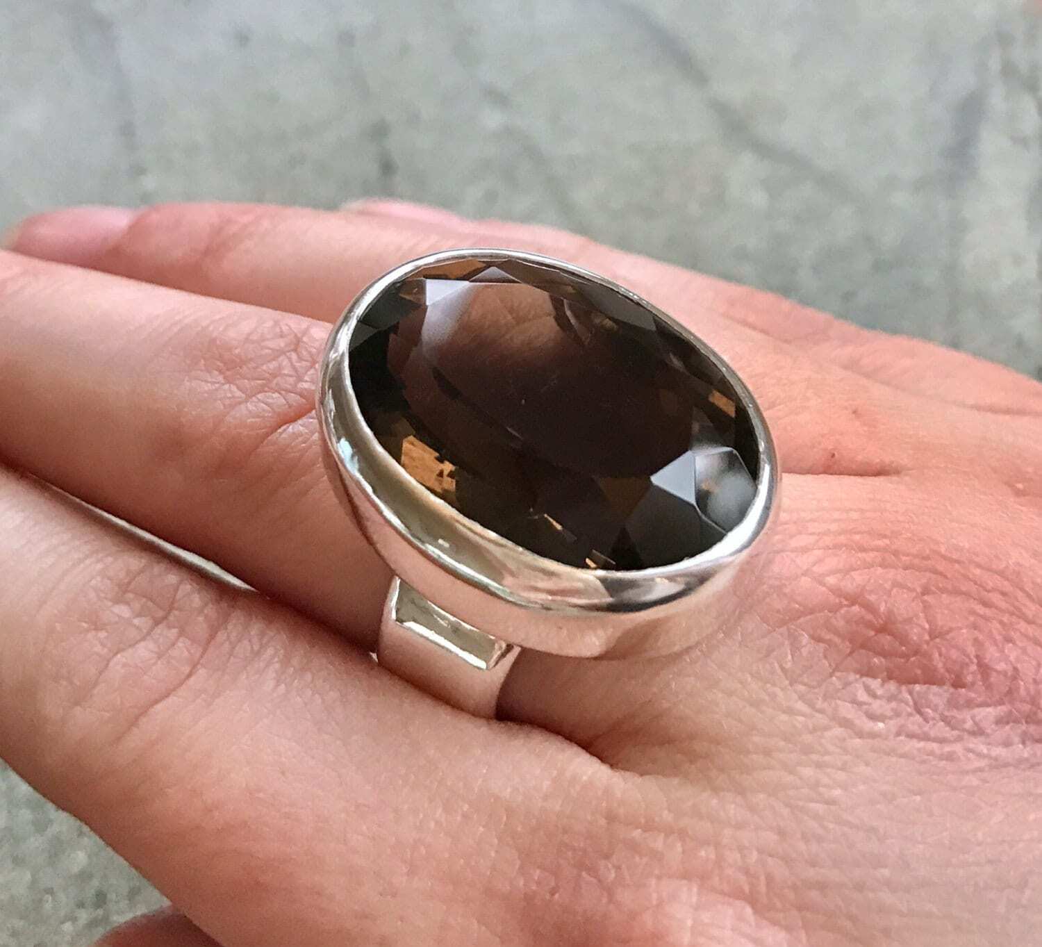 Smoky Topaz Ring, Natural Topaz, Statement Ring, Vintage Ring, Smoky Diamond, Solid Silver Ring, Huge Ring, Pure Silver, Diamond Cut, Smoky