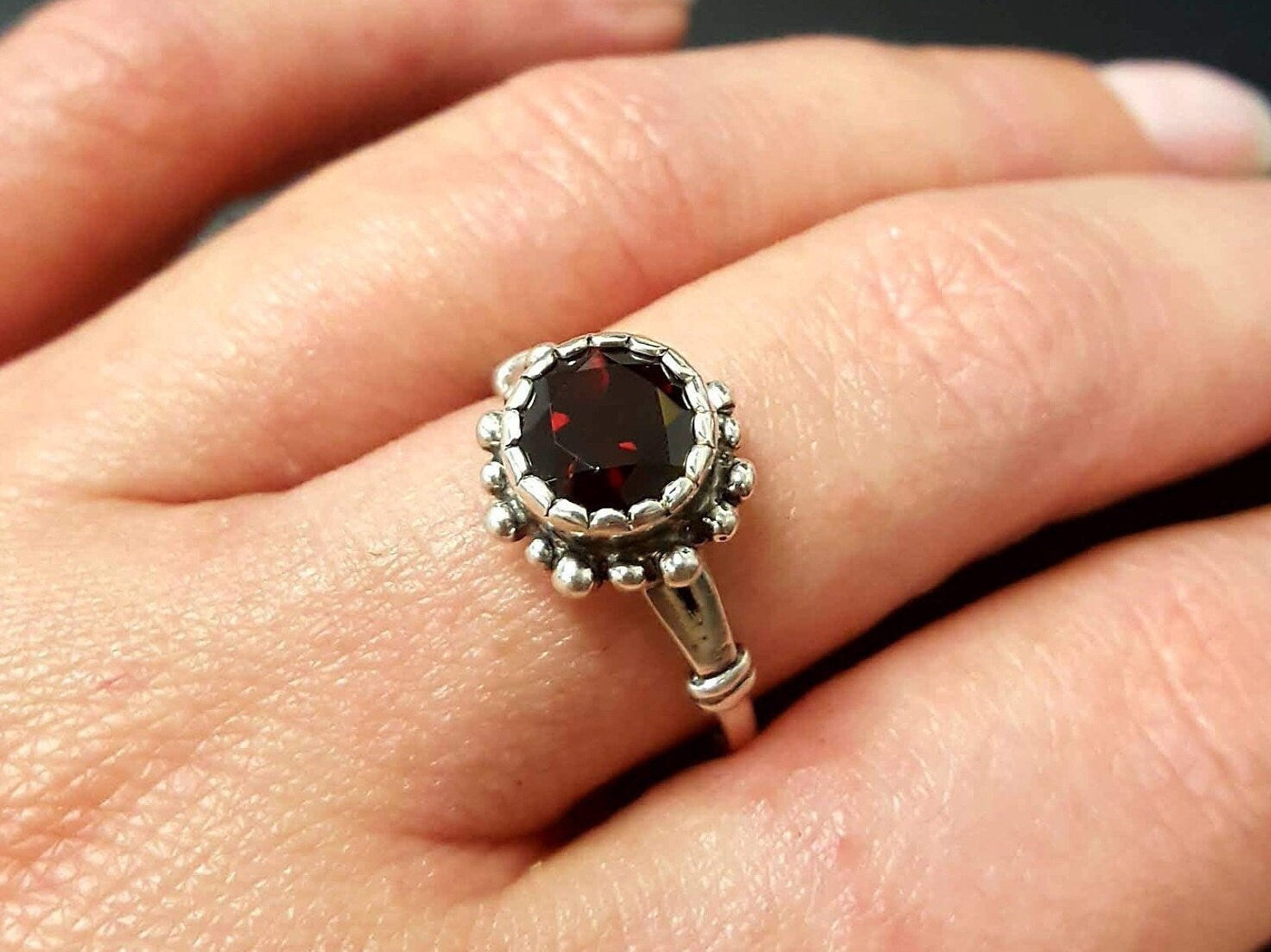 Garnet Ring, Natural Garnet, January Ring, Red Vintage Ring, Round Ring, Red Diamond Ring, January Birthstone, Solid Silver Ring, Garnet