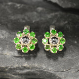 Green Blue Flower Studs - Natural Chrome Diopside Earrings - Natural Hematite Earrings