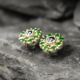 Green Blue Flower Studs - Natural Chrome Diopside Earrings - Natural Hematite Earrings