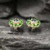 Green Blue Flower Studs - Natural Chrome Diopside Earrings - Natural Hematite Earrings