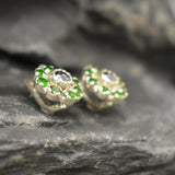 Green Blue Flower Studs - Natural Chrome Diopside Earrings - Natural Hematite Earrings