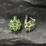 Green Blue Flower Studs - Natural Chrome Diopside Earrings - Natural Hematite Earrings