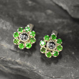 Green Blue Flower Studs - Natural Chrome Diopside Earrings - Natural Hematite Earrings