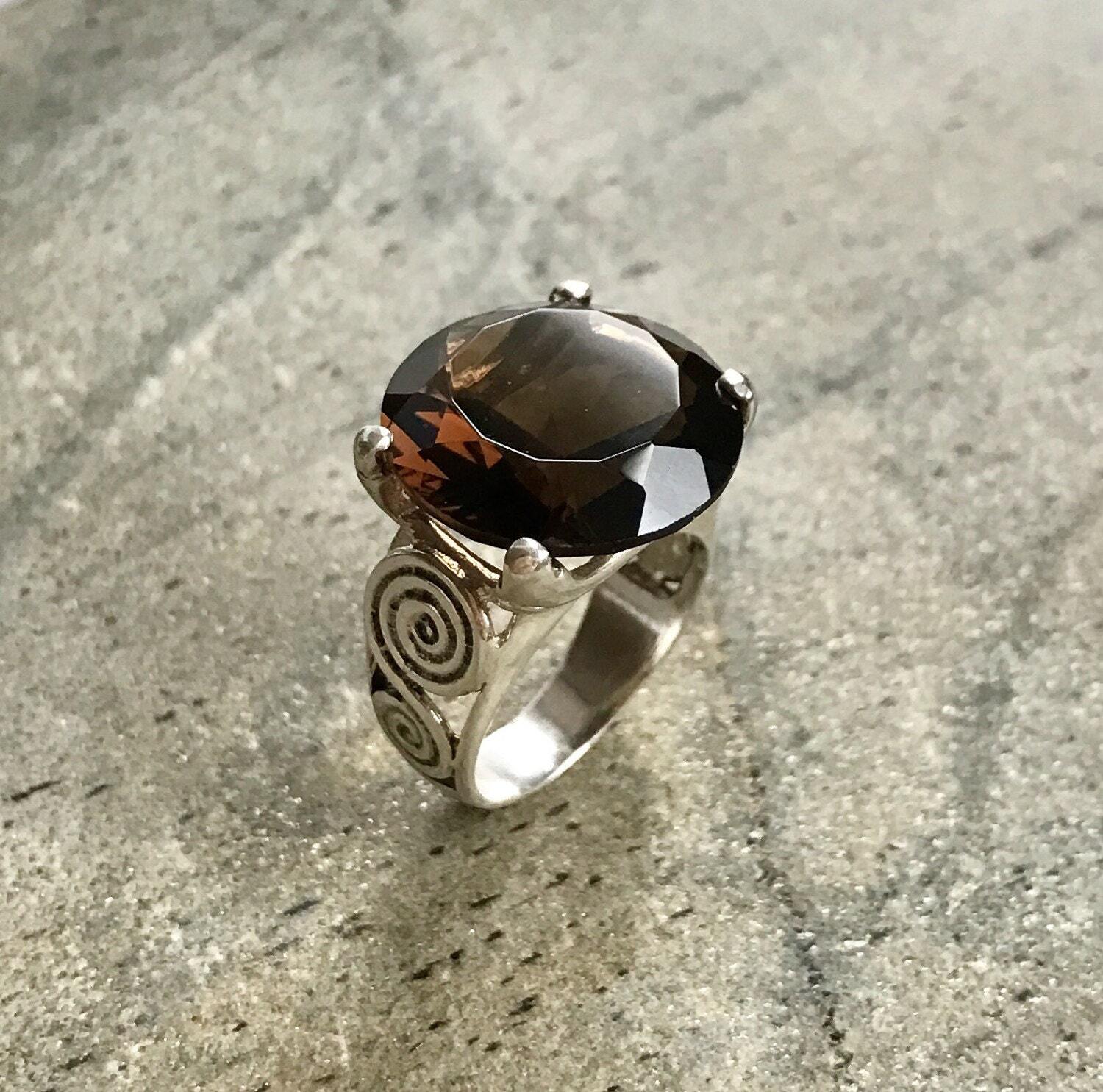 Smoky Topaz Ring, Natural Topaz, Large Gem Ring, Vintage Ring, Statement Ring, 20 Carat Ring, Smoky Diamond, Solid Silver Ring, Diamond Cut