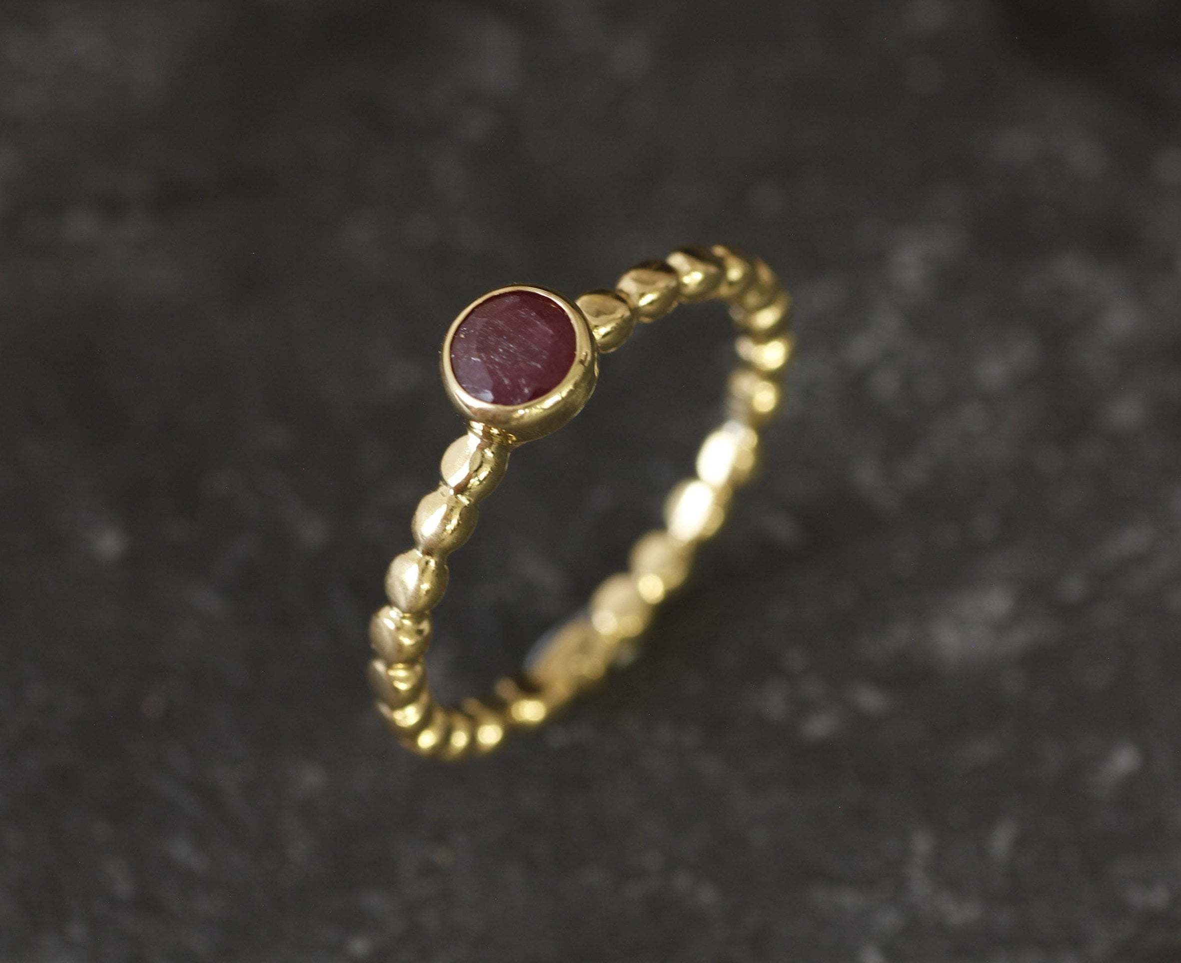 Natural Ruby Ring made in 18k Gold Vermeil with Round Natural Red Ruby in Bezel setting, July Birthstone gift idea, symbolizes nobility, purity, and passion, ideal for everyday wear and perfect for birthday gifting and special occasions.
