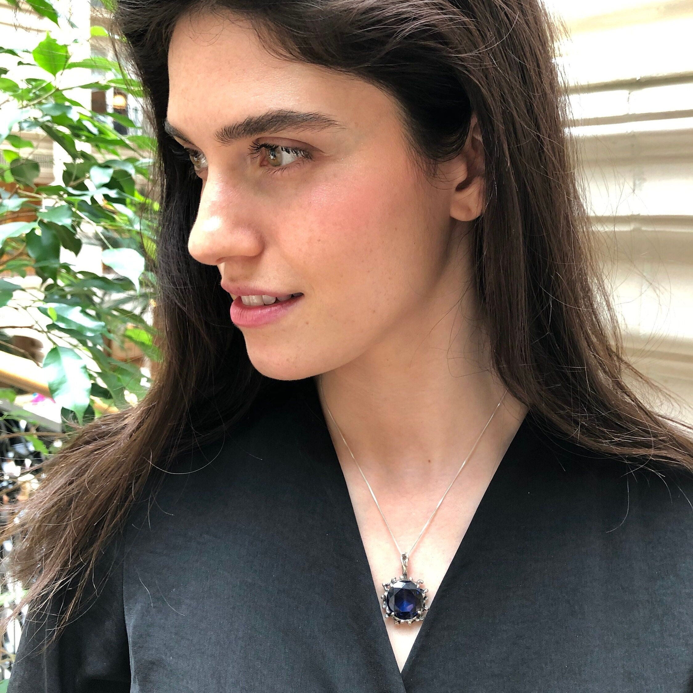 Sapphire Pendant in 925 Sterling Silver with Round Created Blue Sapphire, perfect birthday gift and symbolizes sincerity and faithfulness.