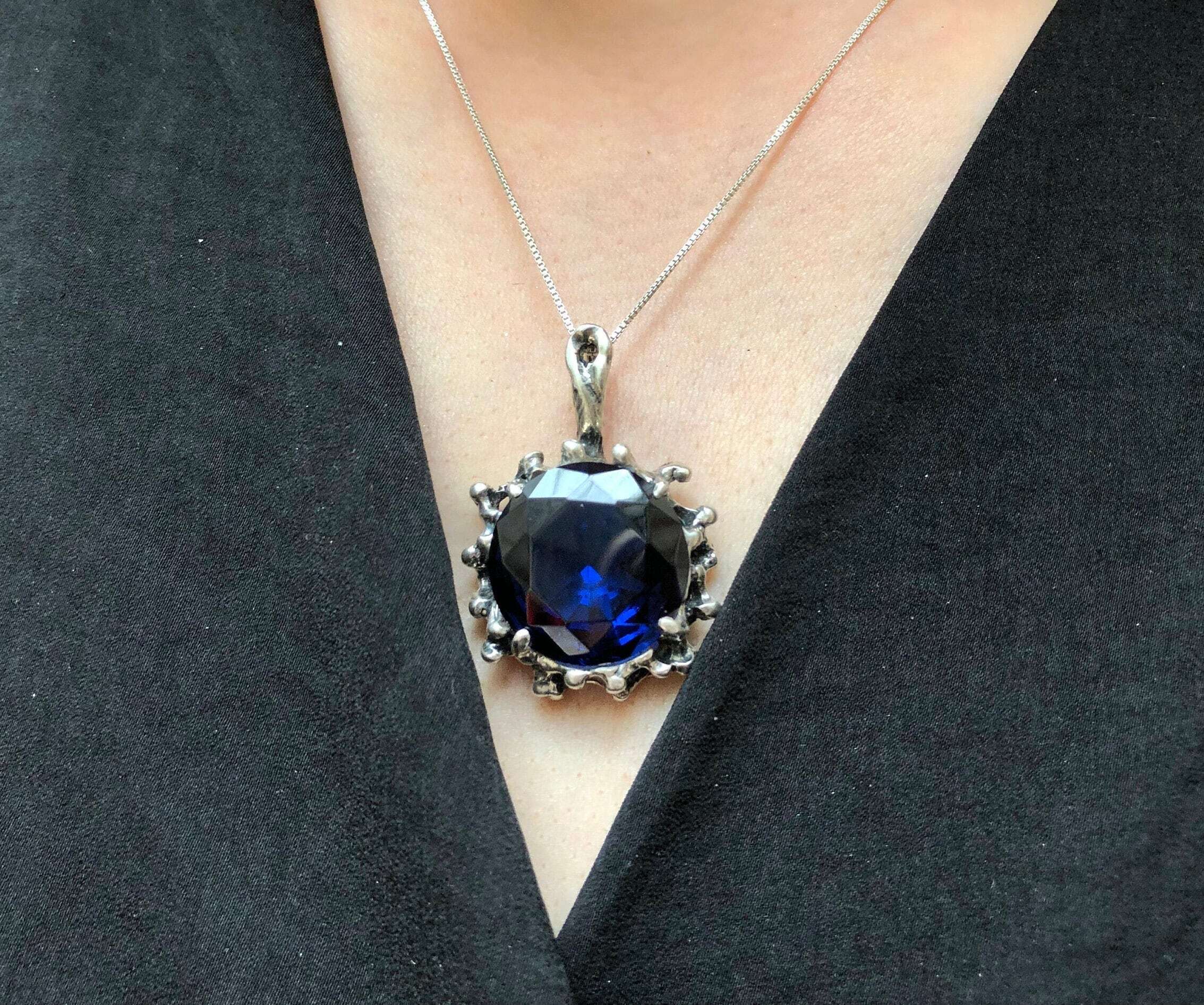 Sapphire Pendant, Created Sapphire, Gothic Silver Pendant, Round Pendant, Blue Vintage Pendant, Round Blue Pendant, Solid Silver Pendant