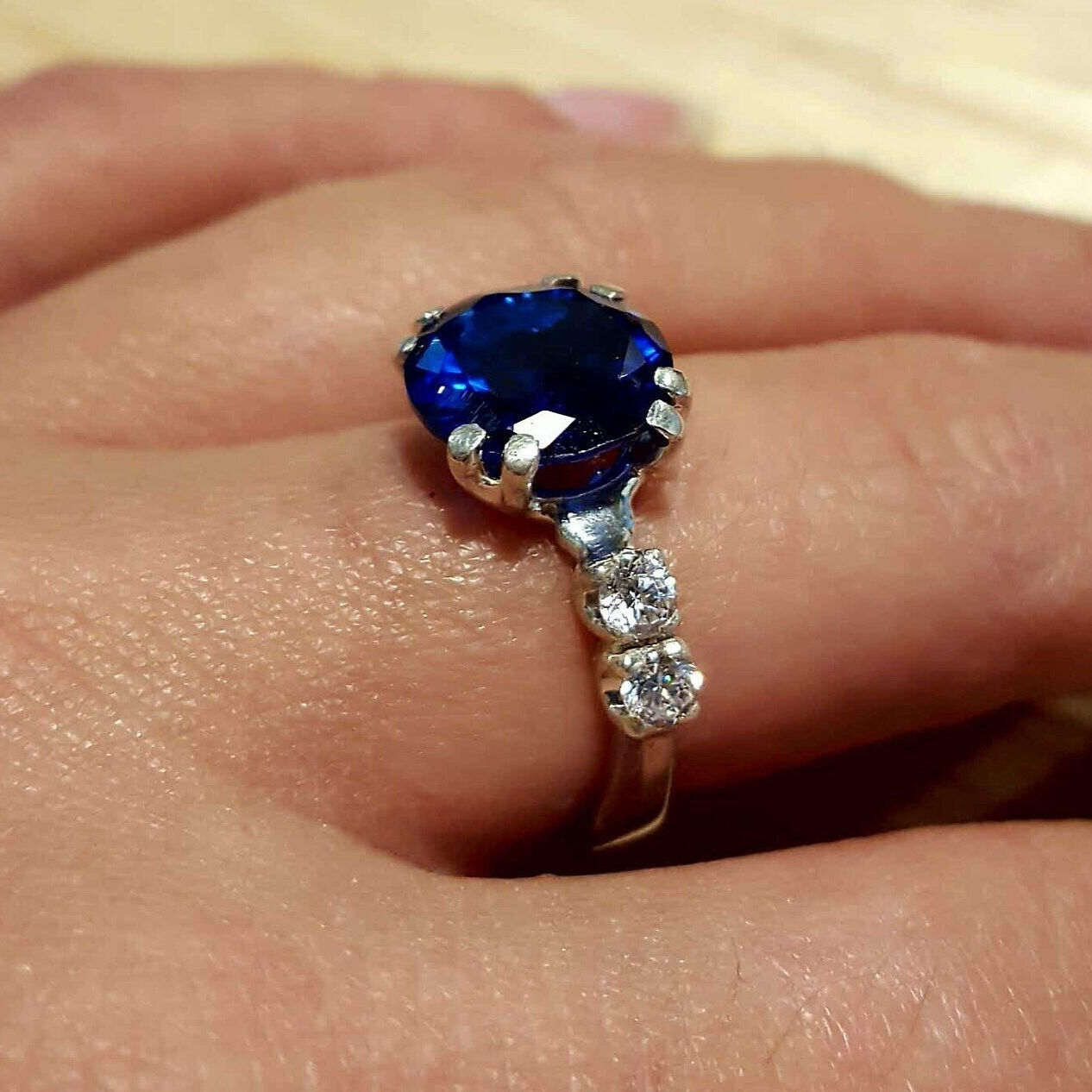 Sapphire Promise Ring, Blue Sapphire Ring, Created Sapphire, Diamond Cut, Royal Blue Ring, Engagement Ring, Proposal Ring, Solid Silver Ring