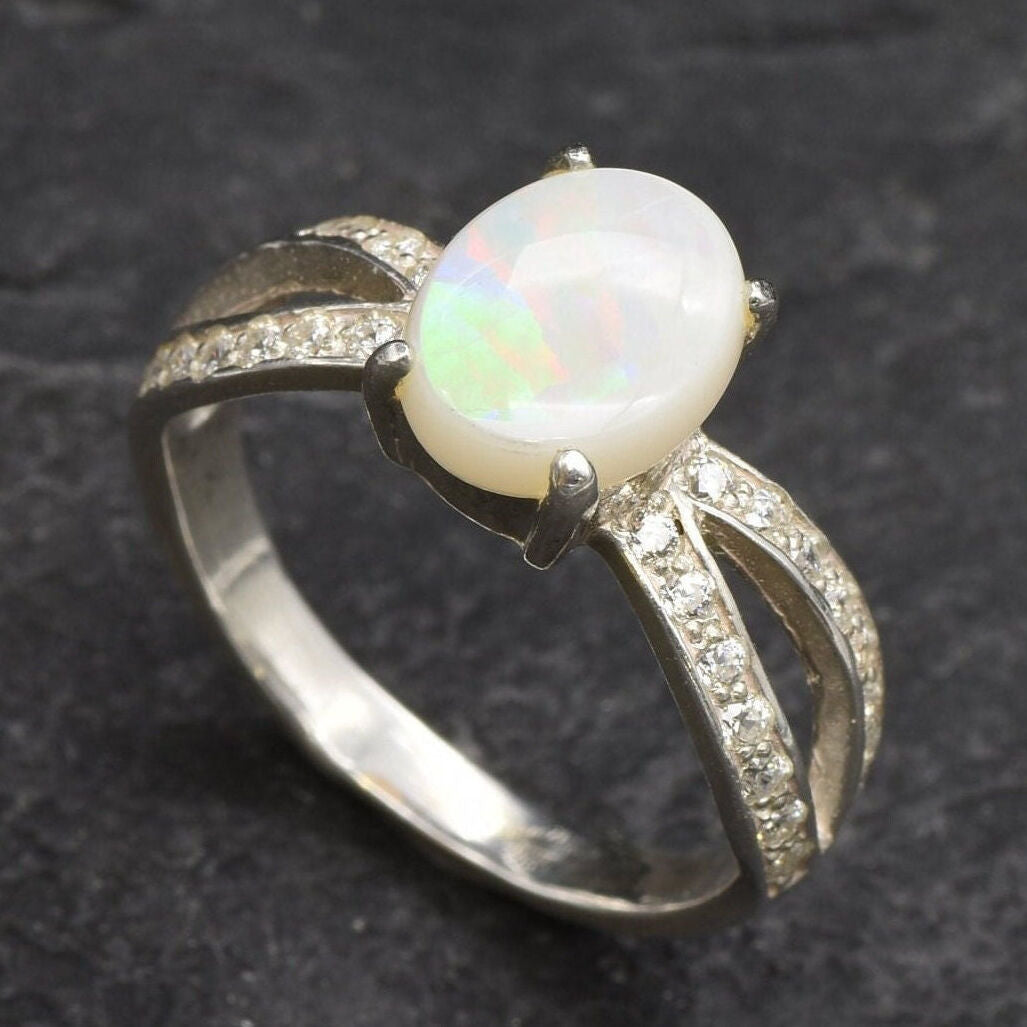 Natural Australian Opal Ring made in 925 Sterling Silver with Natural White Australian Opal in setting, October Birthstone gift idea, symbolizes hope, purity, and truth, ideal for everyday wear and perfect for birthday gifting and special occasions.