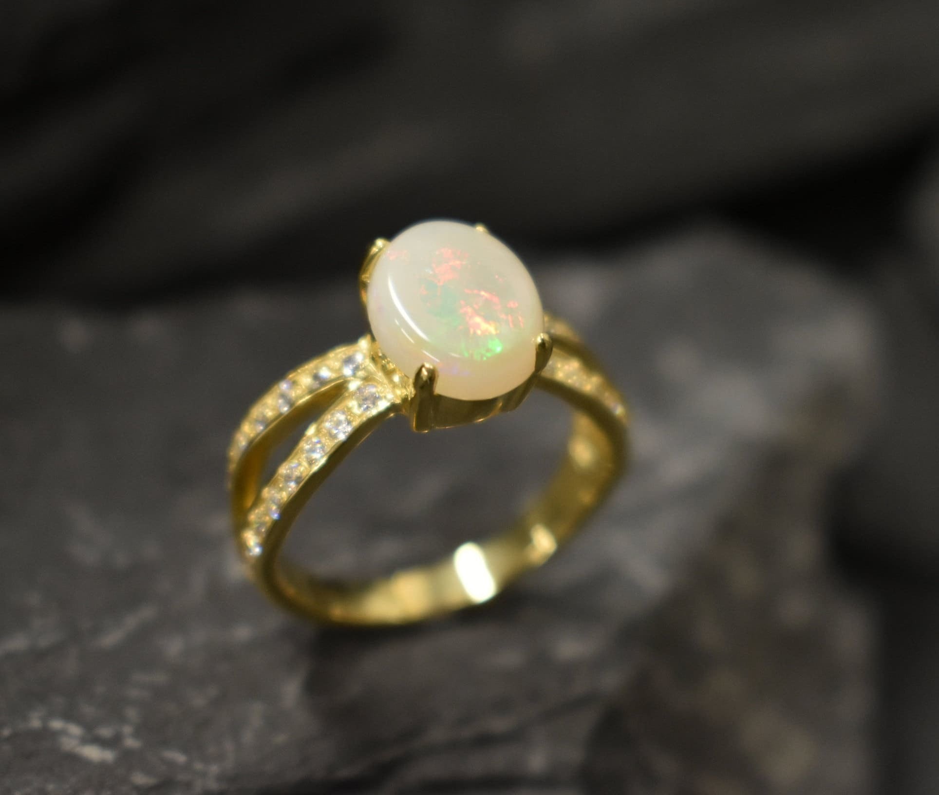 Opal Ring made in 18k Gold Vermeil with White Opal in setting, October Birthstone gift idea, symbolizes, ideal for everyday wear and perfect for birthday gifting and special occasions.